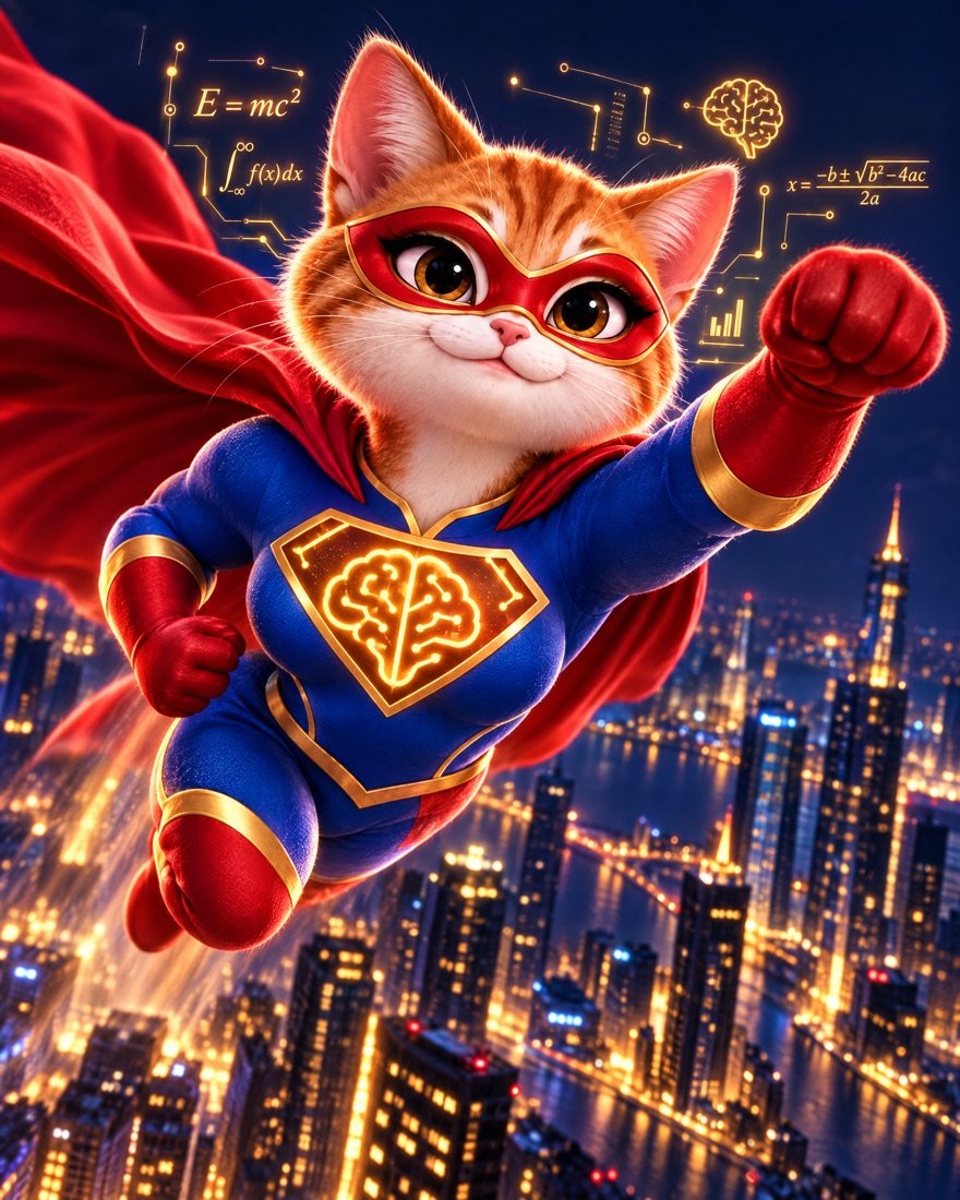Super Intelligent Cat flying over the city